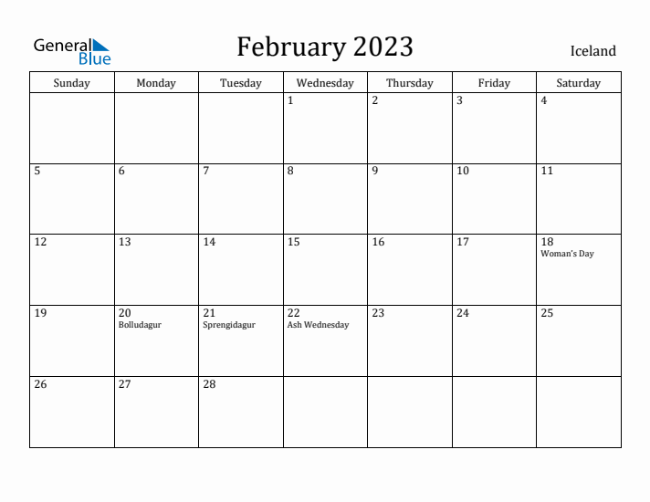 February 2023 Calendar Iceland