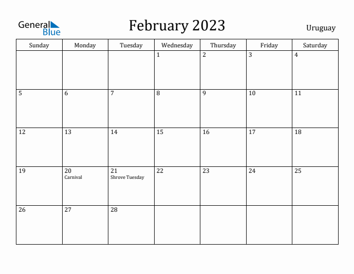 February 2023 Calendar Uruguay