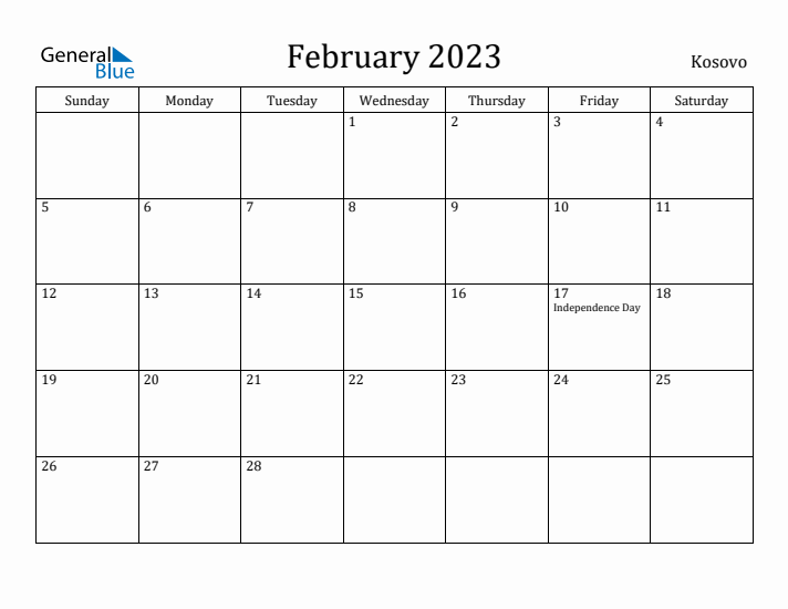 February 2023 Calendar Kosovo