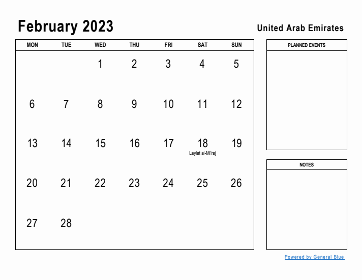 February 2023 Printable Monthly Calendar with United Arab Emirates Holidays