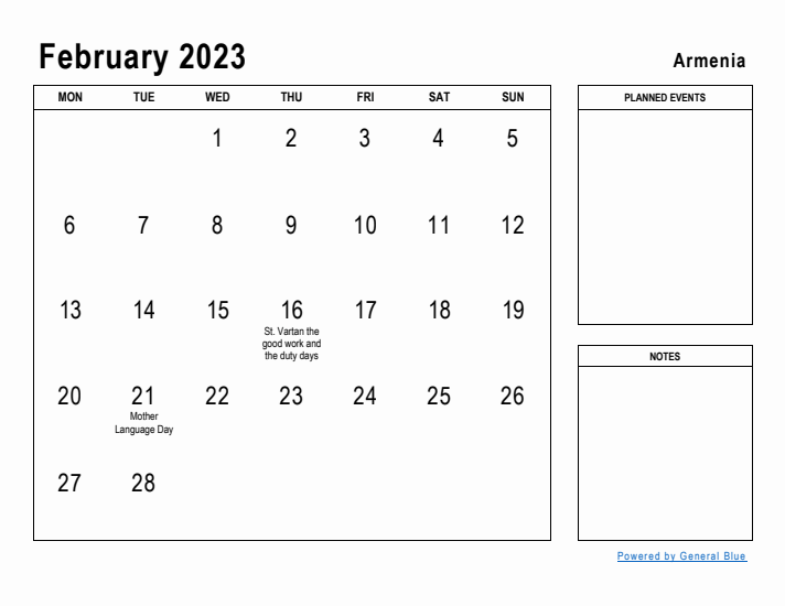 February 2023 Printable Monthly Calendar with Armenia Holidays