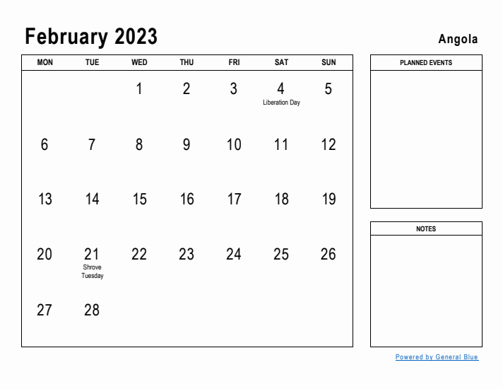 February 2023 Printable Monthly Calendar with Angola Holidays