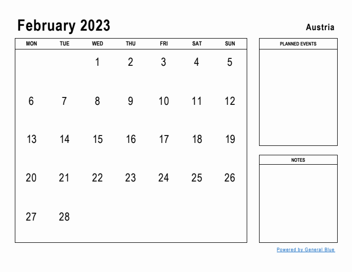 February 2023 Printable Monthly Calendar with Austria Holidays