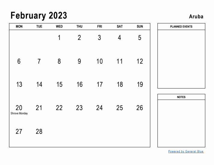 February 2023 Printable Monthly Calendar with Aruba Holidays