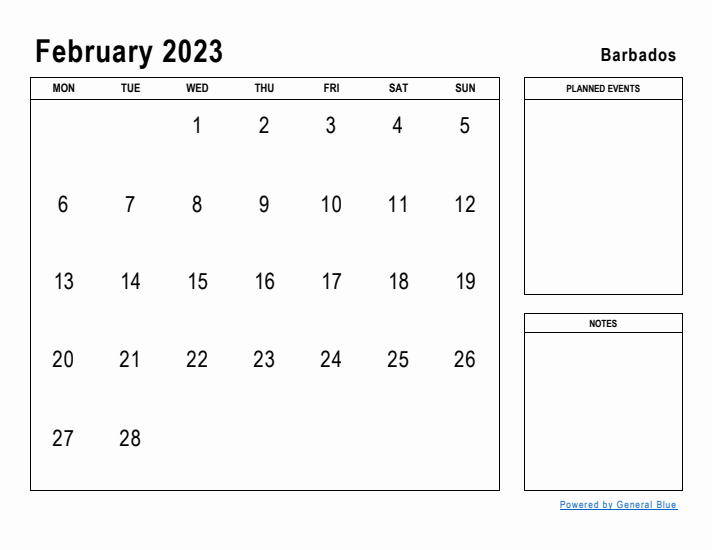 February 2023 Printable Monthly Calendar with Barbados Holidays