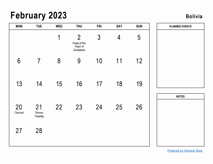 February 2023 Printable Monthly Calendar with Bolivia Holidays