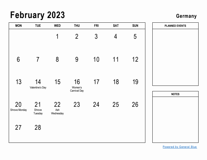 February 2023 Printable Monthly Calendar with Germany Holidays