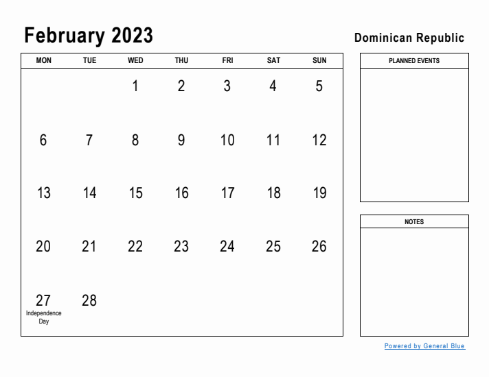 February 2023 Printable Monthly Calendar with Dominican Republic Holidays