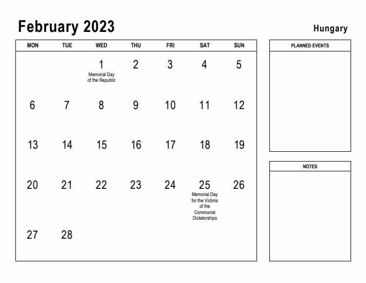 February 2023 Printable Monthly Calendar with Hungary Holidays