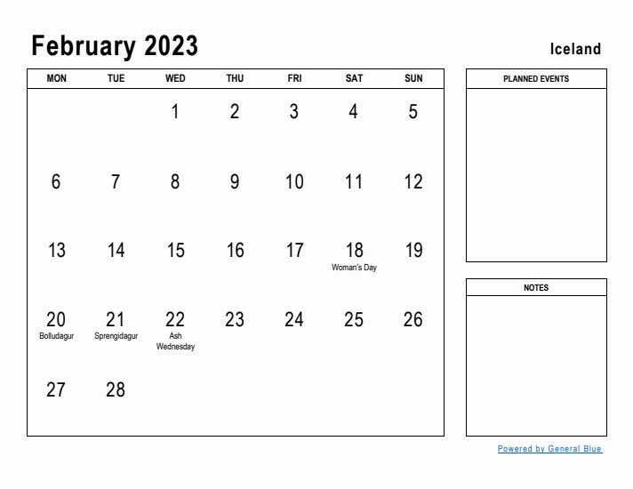 February 2023 Printable Monthly Calendar with Iceland Holidays