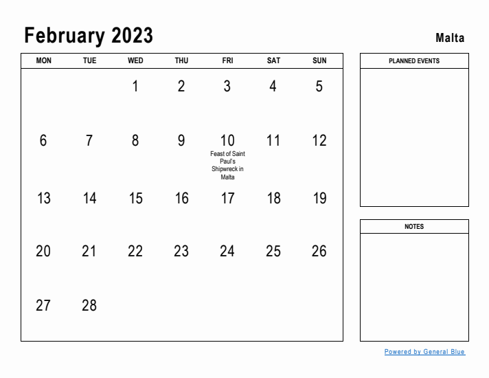 February 2023 Printable Monthly Calendar with Malta Holidays