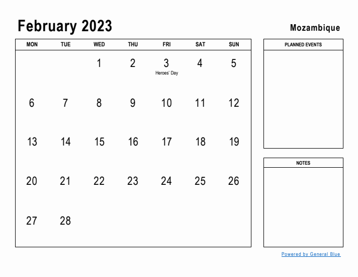 February 2023 Printable Monthly Calendar with Mozambique Holidays