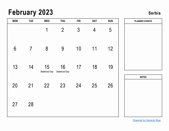 February 2023 Printable Monthly Calendar with Serbia Holidays