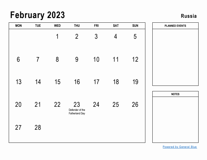 February 2023 Printable Monthly Calendar with Russia Holidays