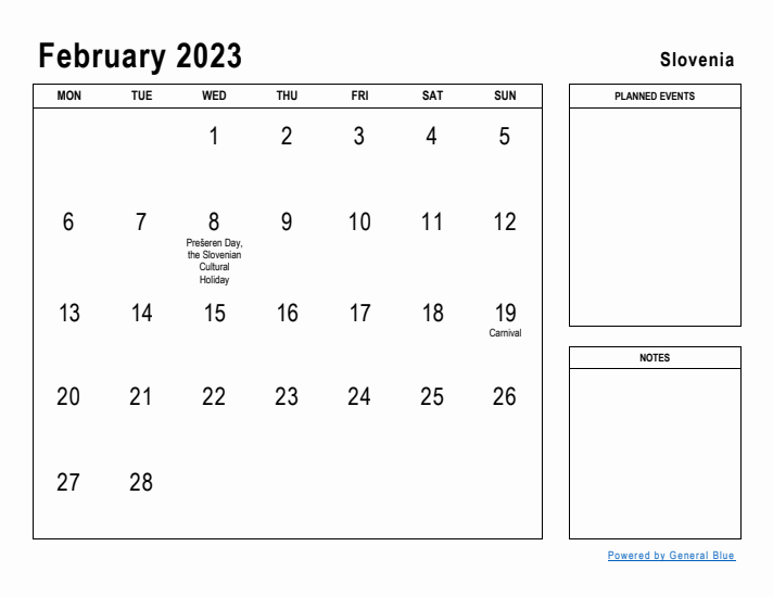 February 2023 Printable Monthly Calendar with Slovenia Holidays