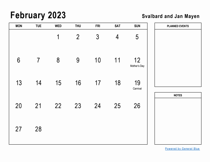 February 2023 Printable Monthly Calendar with Svalbard and Jan Mayen Holidays