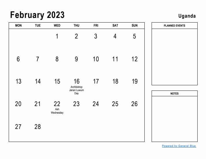 February 2023 Printable Monthly Calendar with Uganda Holidays