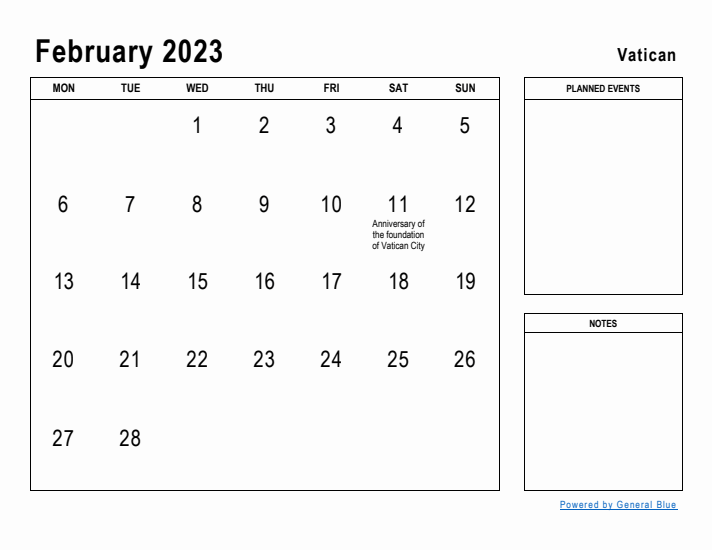 February 2023 Printable Monthly Calendar with Vatican Holidays