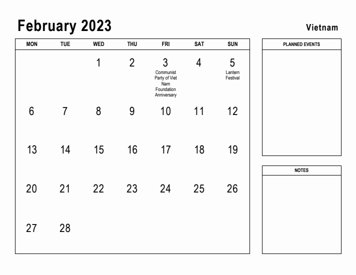 February 2023 Printable Monthly Calendar with Vietnam Holidays