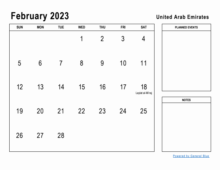 February 2023 Printable Monthly Calendar with United Arab Emirates Holidays