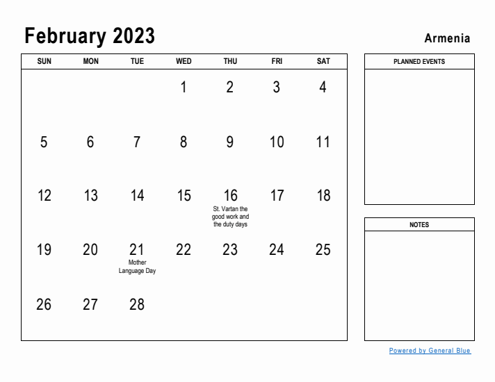 February 2023 Printable Monthly Calendar with Armenia Holidays