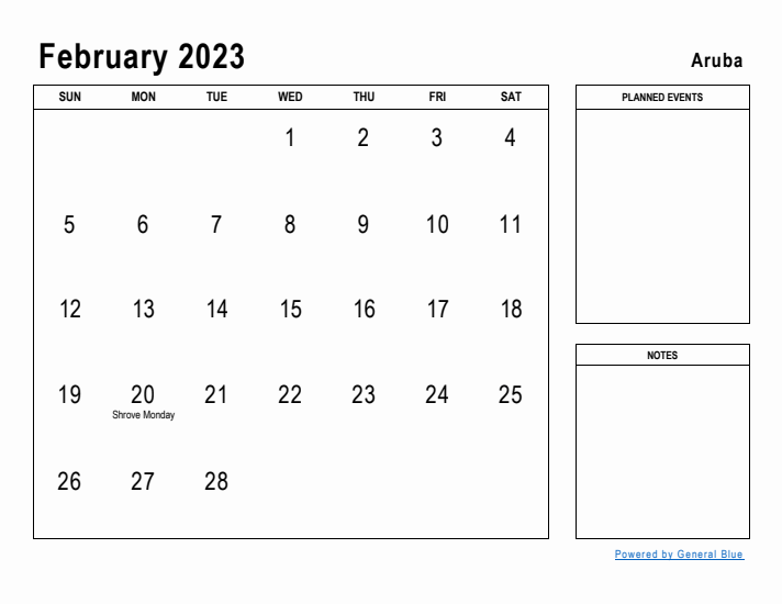 February 2023 Printable Monthly Calendar with Aruba Holidays