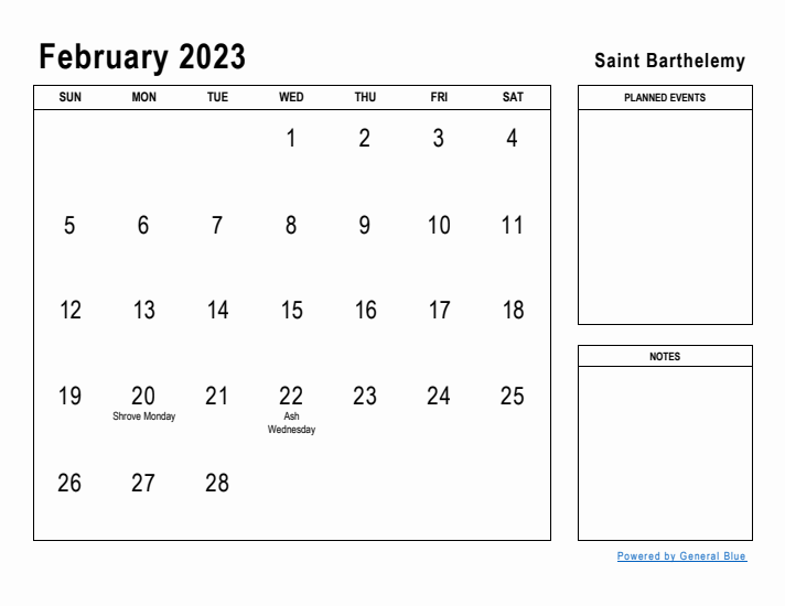 February 2023 Printable Monthly Calendar with Saint Barthelemy Holidays