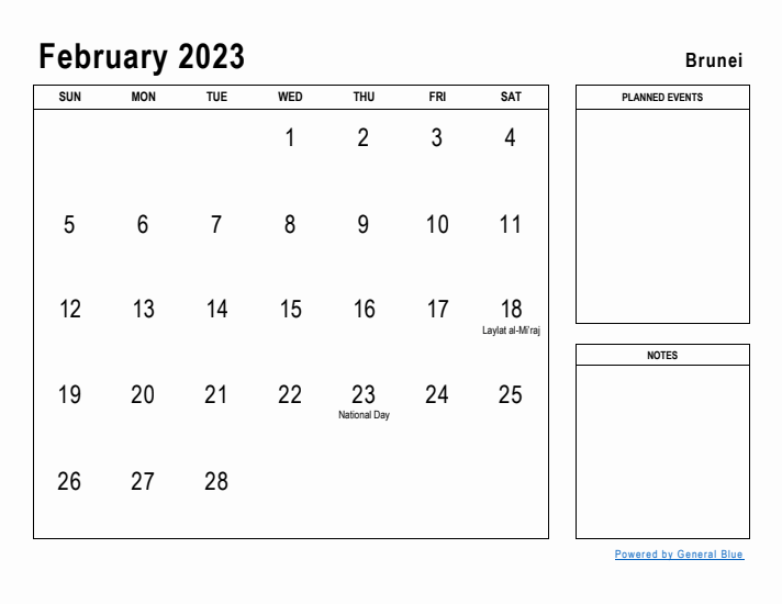 February 2023 Printable Monthly Calendar with Brunei Holidays