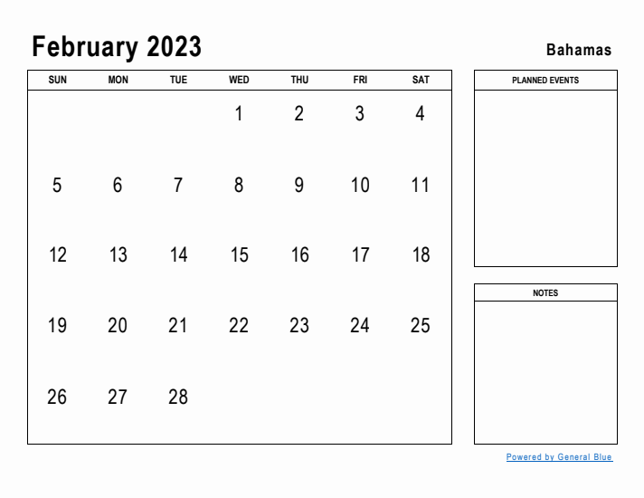 February 2023 Printable Monthly Calendar with Bahamas Holidays