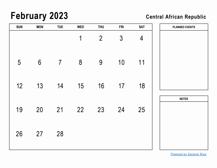 February 2023 Printable Monthly Calendar with Central African Republic Holidays