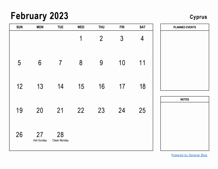 February 2023 Printable Monthly Calendar with Cyprus Holidays