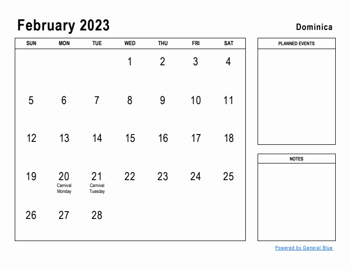 February 2023 Printable Monthly Calendar with Dominica Holidays