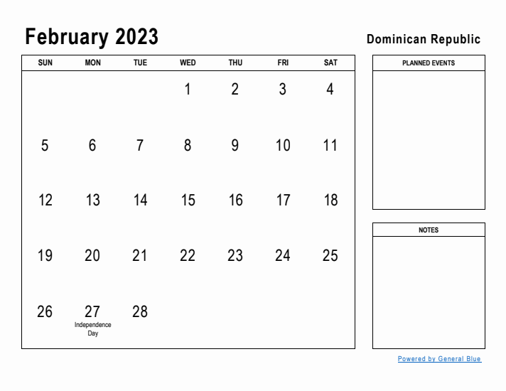 February 2023 Printable Monthly Calendar with Dominican Republic Holidays