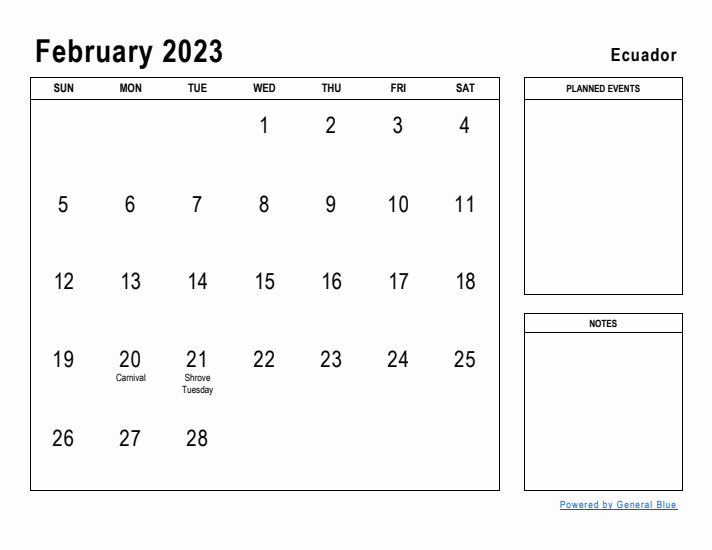 February 2023 Printable Monthly Calendar with Ecuador Holidays