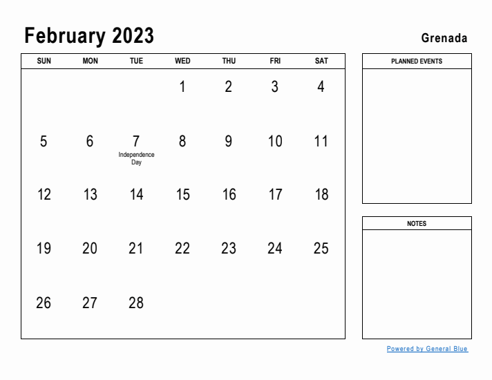 February 2023 Printable Monthly Calendar with Grenada Holidays