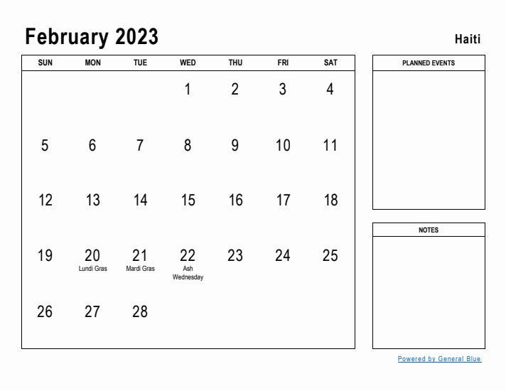 February 2023 Printable Monthly Calendar with Haiti Holidays