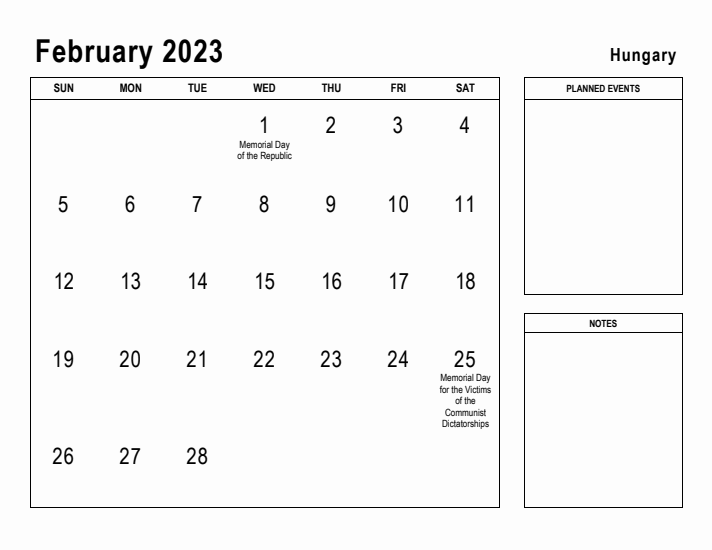 February 2023 Printable Monthly Calendar with Hungary Holidays