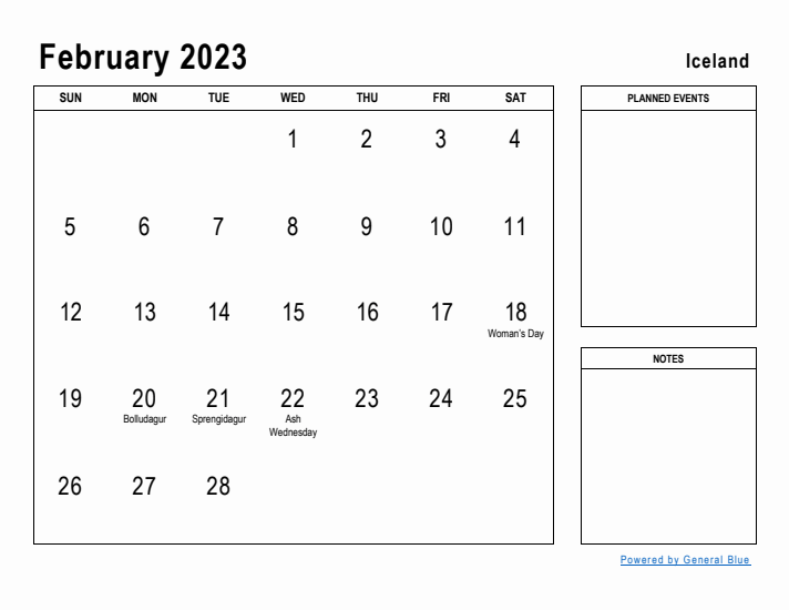 February 2023 Printable Monthly Calendar with Iceland Holidays