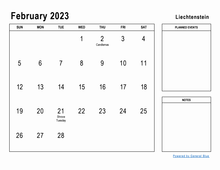 February 2023 Printable Monthly Calendar with Liechtenstein Holidays