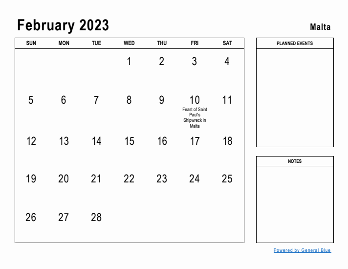 February 2023 Printable Monthly Calendar with Malta Holidays