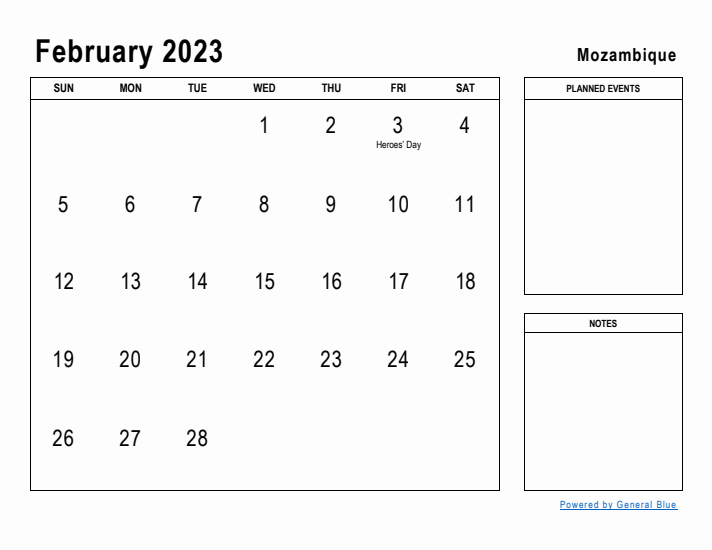 February 2023 Printable Monthly Calendar with Mozambique Holidays