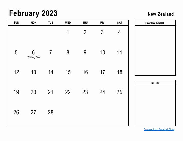 February 2023 Printable Monthly Calendar with New Zealand Holidays