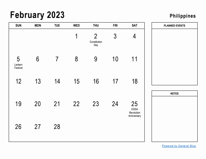 February 2023 Printable Monthly Calendar with Philippines Holidays