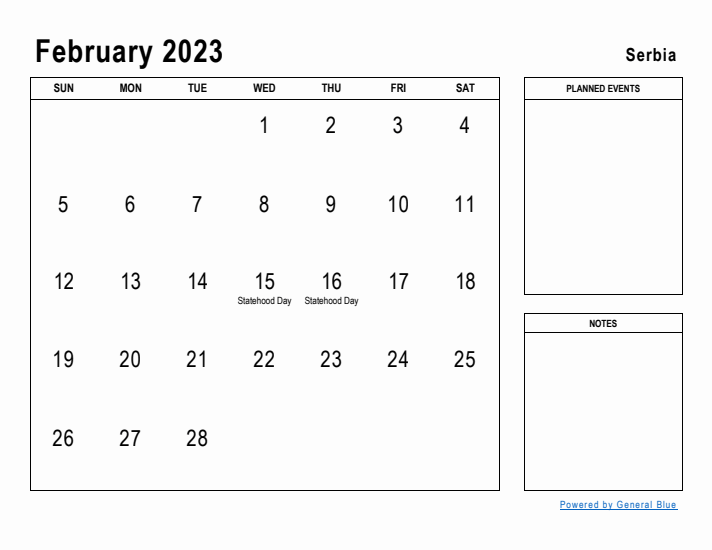 February 2023 Printable Monthly Calendar with Serbia Holidays