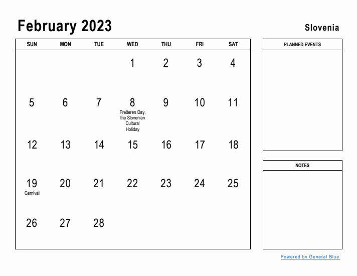 February 2023 Printable Monthly Calendar with Slovenia Holidays