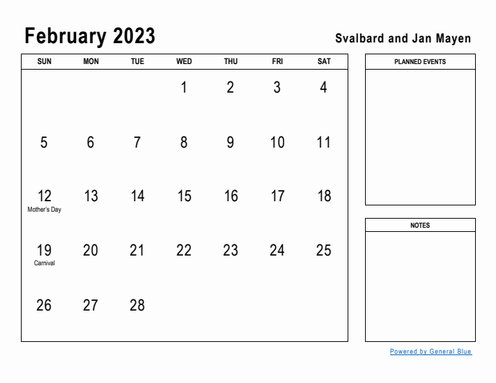 February 2023 Printable Monthly Calendar with Svalbard and Jan Mayen Holidays