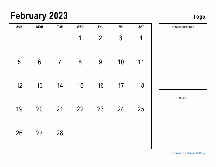 February 2023 Printable Monthly Calendar with Togo Holidays