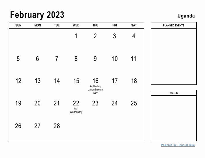 February 2023 Printable Monthly Calendar with Uganda Holidays