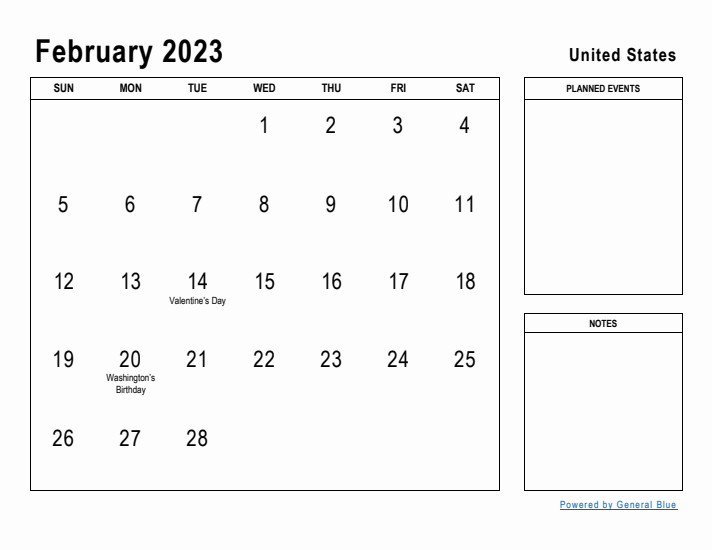 February 2023 Printable Monthly Calendar with United States Holidays