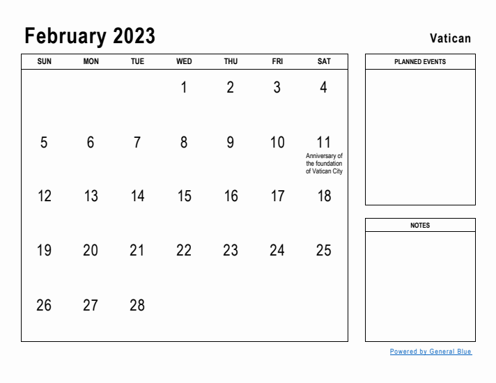 February 2023 Printable Monthly Calendar with Vatican Holidays